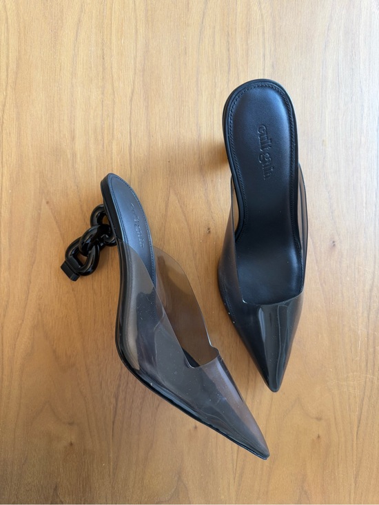 cult gaia Shoes - Cult Gaia Black Pointed Mule Heels with Chain Block Heel